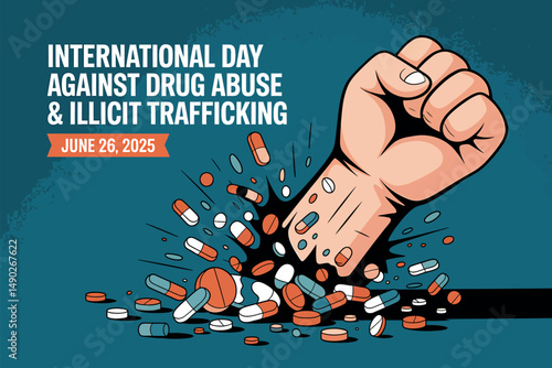 Fist Crushing Pills Symbolizing International Day Against Drug Abuse, June 26, Fight Against Drug Abuse and Illicit Trafficking