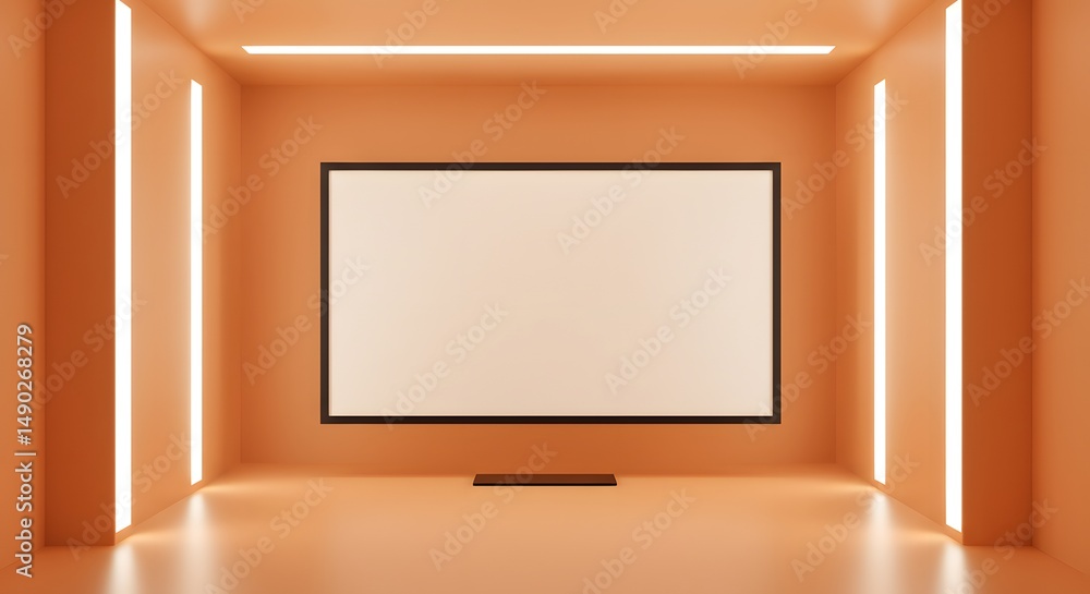Fototapeta premium Modern Minimalist Room with Blank Screen and Warm Lighting Interior Design Concept
