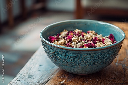Close-up shot of smelly dried flowers in ceramic bowls on the table. Generative AI
