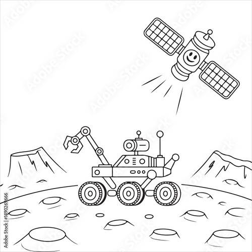 Fun and Easy Kids Coloring Page of a Friendly Rover and Smiling Satellite on a Cratered Planet