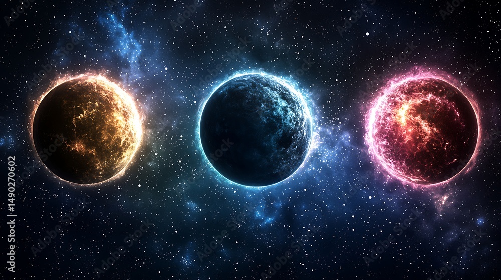 Obraz premium Exploration of cosmic phenomena galactic scene with colorful planets outer space digital artwork vibrant environment wide-angle view 