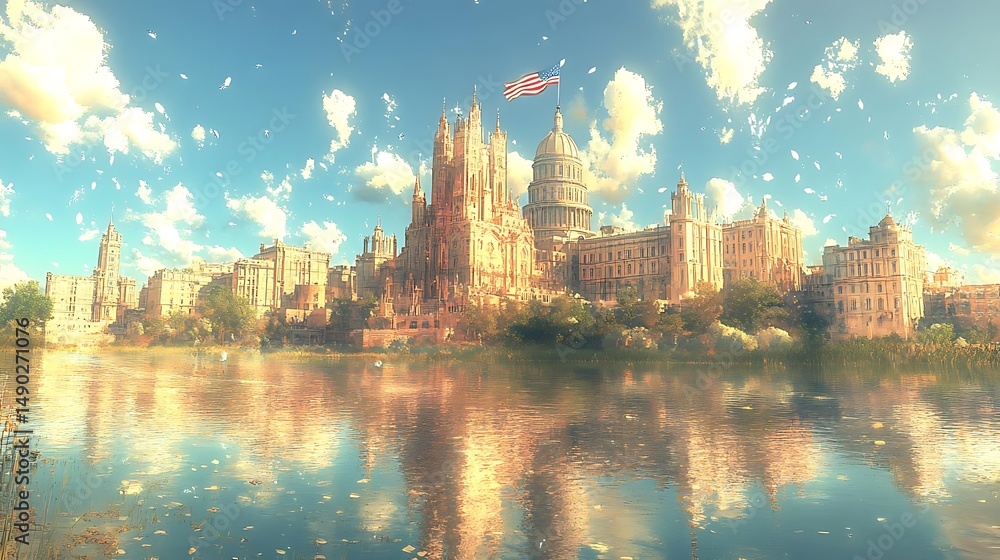 Fototapeta premium Capitol city, sunny day, lake reflection, fantasy