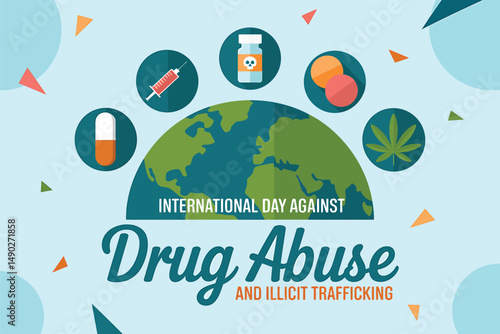 International Day Against Drug Abuse and Illicit Trafficking Globe Icons, World Globe Various Drug Icons Awareness Day Against