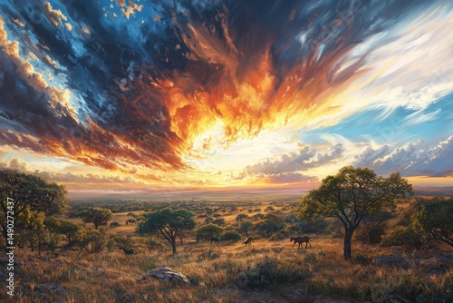 Majestic sunset over savanna africa landscape natural wonders wide view vibrant sky and wildlife