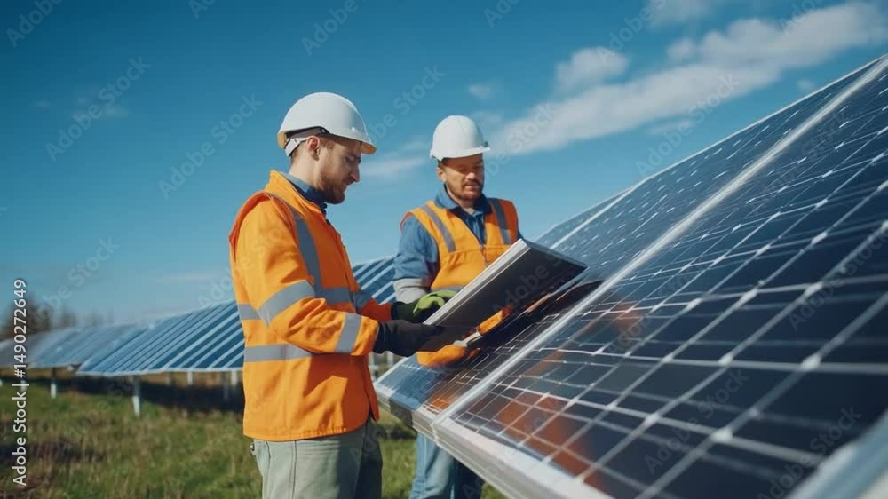Solar Panel Technicians at Work: Two technicians wearing safety vests and hard hats are examining a solar panel on a bright sunny day.  