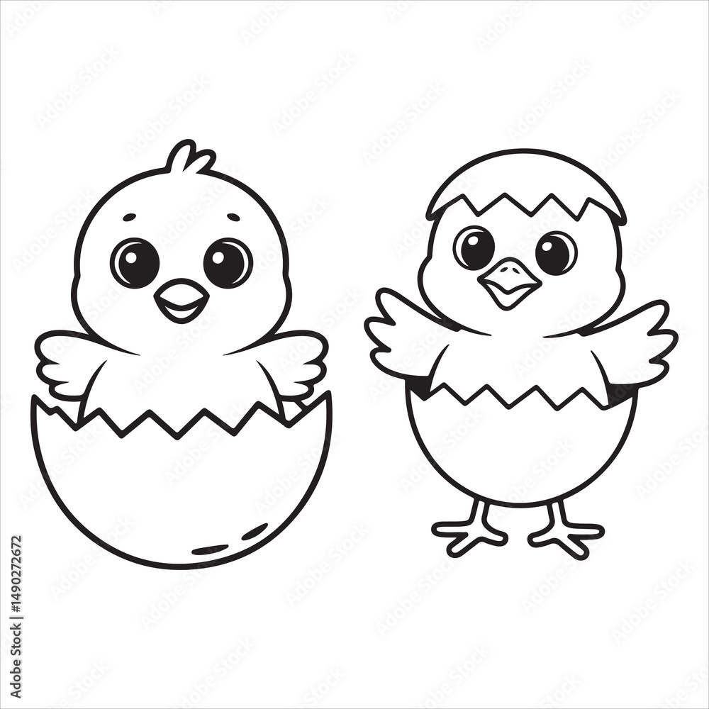 Fun and Easy Kids Coloring Page of Cute Chicks with Playful Eggshells Fun and Easy Kids Coloring Page of Cute Chicks with Playful Eggshells