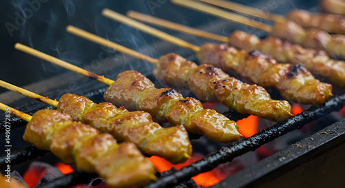 Wallpaper Mural Skewered Satay Grill with Chicken or Beef on Barbecue, Smoke and Charred - Popular Indonesian Street Food, Food Photography, Grilled Meat, Delicious BBQ Torontodigital.ca