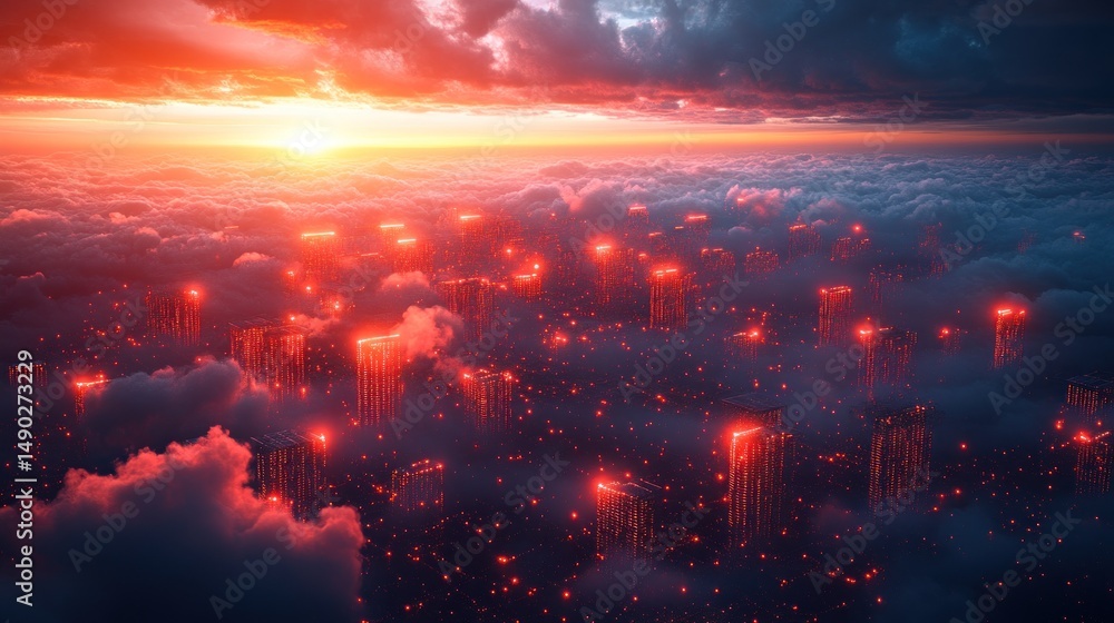 Obraz premium Crimson Cloud City: A Digital Sunset