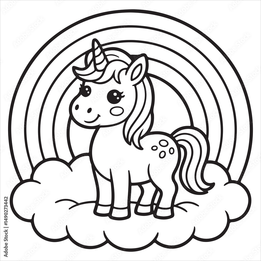 Fototapeta premium Cute Unicorn Coloring Page with Rainbow and Clouds for Kids