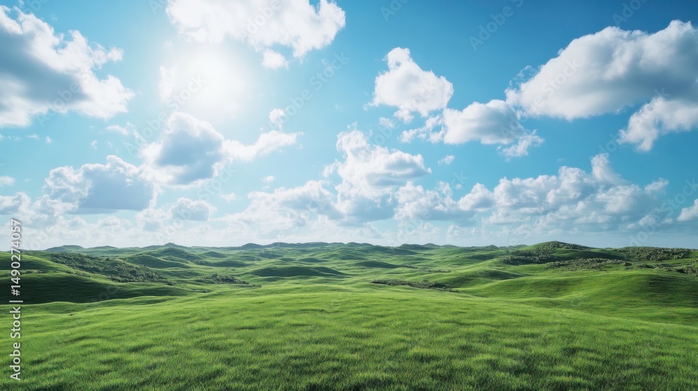 Fototapeta premium Serene sunny day over green rolling hills nature landscape wide view bright sky peaceful environment