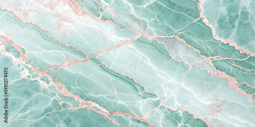 Pale mint marble with rose gold or copper veining creating elegant geometric patterns across the stone surface