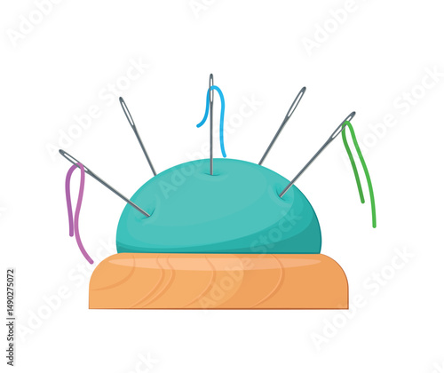 Cute cartoon style vector illustration of a pincushion with sewing needles and colorful threads.
