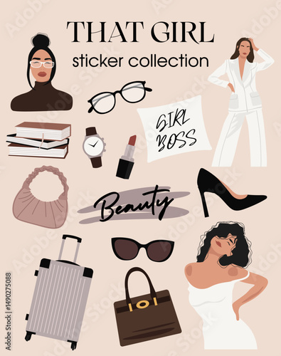 Illustration of naturalistic girls and sticker subjects on light pink background.