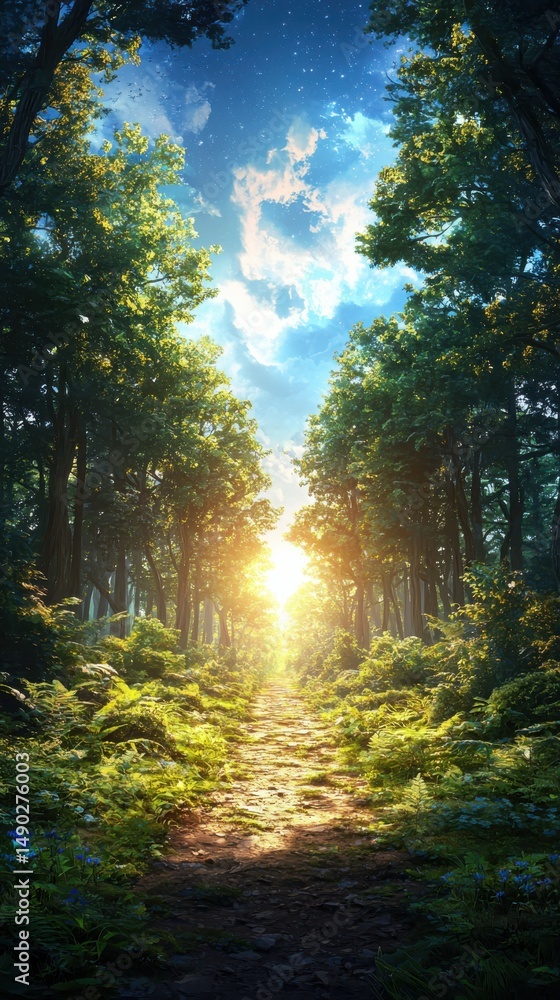 Fototapeta premium Exploring the enchanted forest at sunrise nature scene vibrant landscape peaceful environment eye-level view serenity