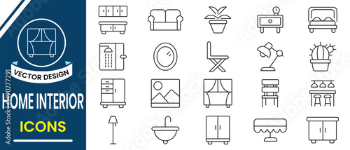 Home interior icon set. Line icon of Furniture and house decoration vector illustration, Home interior vector set. Furniture, image, improvement, mirror, architecture and more. Vector illustration.