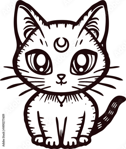 Cute cat with a crescent moon on forehead in black and white line art design