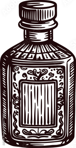 Vintage apothecary bottle with ornate label design in black and white