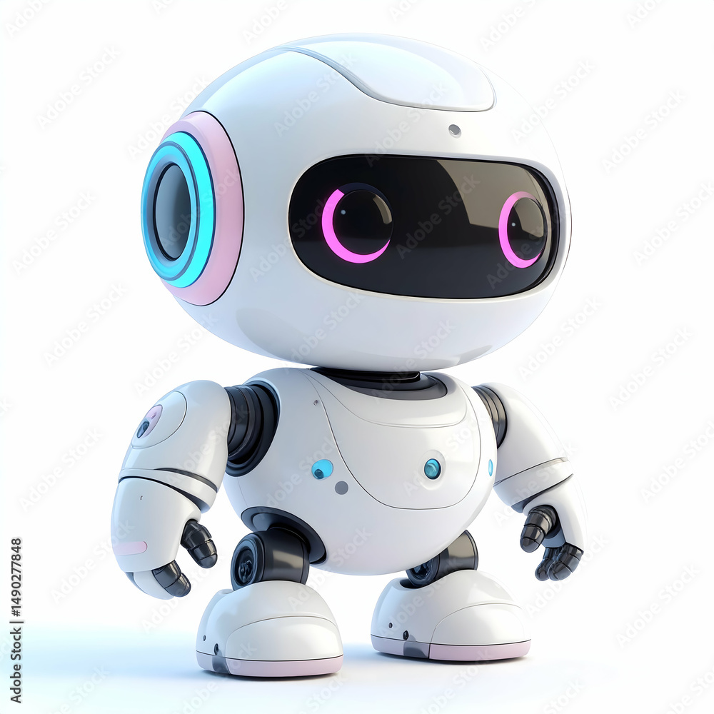 Friendly Robot: A charming robotic companion with a sleek design, features endearing eyes and playful contours, symbolizing technological advancement, a fusion of innovation and approachability. Friendly Robot: A charming robotic companion with a sleek design, features endearing eyes and playful contours, symbolizing technological advancement, a fusion of innovation and approachability.