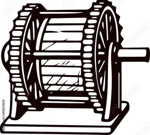 Vintage mechanical winch with gear wheels and handle in rustic