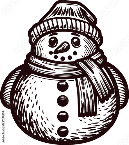 Illustrated snowman in winter attire with beanie and scarf, capturing holiday spirit