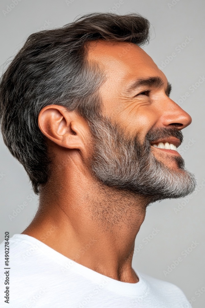Obraz premium Chic men's mid fade haircut - midlife white man with hair. A gentle smile lighting up a maleâ€™s face. Pure white solid background. Creative of style for aging men.