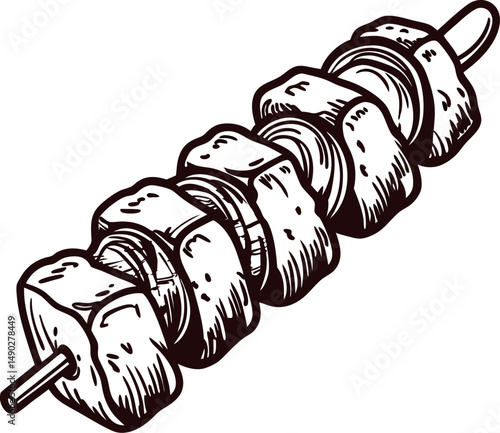 Sketched of grilled meat skewers with vegetables on a stick