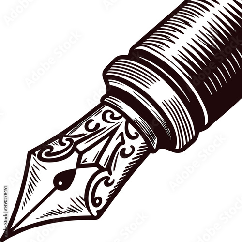 Detailed of vintage fountain pen nib with intricate design elements in black and white