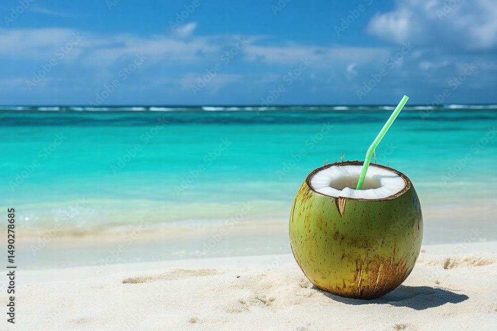 Coconut with straw on beach Coconut with straw on beach