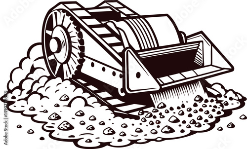 Heavy construction equipment crushing rocks in action with detailed mechanics