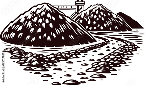 Mountainous terrain and watchtower overlooking rocky river in monochrome artwork
