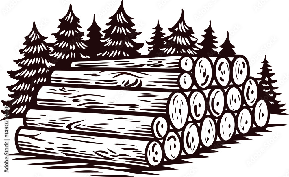 Fototapeta premium a-hand-drawn-stack-of-cut-logs-beside-a-forest-cle (2).eps