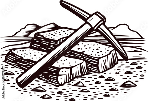 a-hand-drawn-pickaxe-lying-on-top-of-a-stack-of-la (1).eps