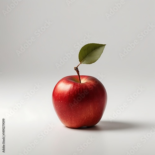 A Fresh Bite of Summer: A vibrant red apple with a crisp, green leaf sits temptingly on a smooth surface, capturing the essence of freshness, natural beauty, and summer's bounty. 