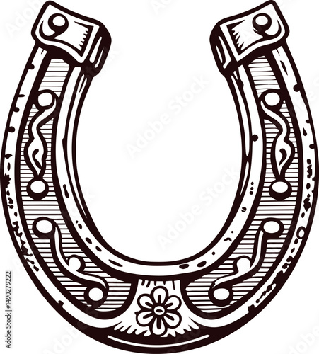 Intricately designed horseshoe with floral patterns and decorative details