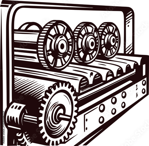 Vintage printing press with gears and rollers depicted in detailed art