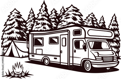 of a camper van and tent in a forest with campfire