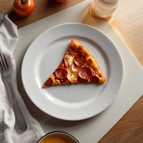 Delicious Slice: A delectable slice of pizza sits on a clean white plate, complemented by a fork and a tomato. Capturing the essence of a culinary delight.