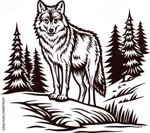 Lone wolf in forest clearing amidst pine trees and mountainous terrain