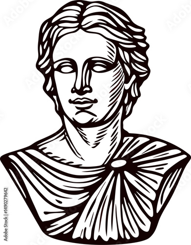 Classical bust sculpture of a masculine figure with detailed features in monochrome