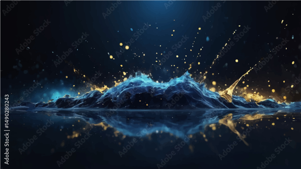 Naklejka premium Dark Blue, black abstract background with glowing particles and splash effects. Light from the top left with scattered bokeh and water-like textures. Cool tones of blue, gold with a soft depth