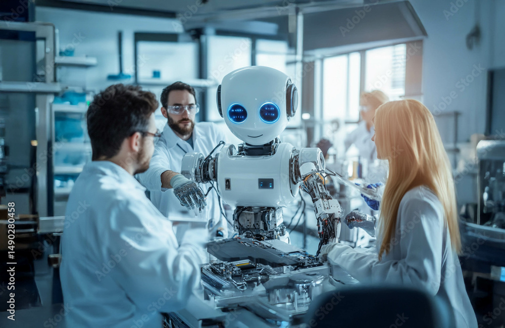 Naklejka premium Group of Engineers Working on Robotics with Robots in a Laboratory. Generated image