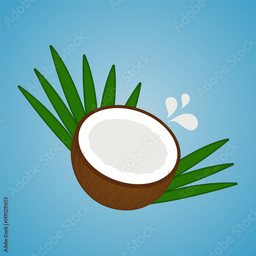 Half of a brown split coconut with leaves isolated on a blue gradient background. Vector illustration for summer design.
