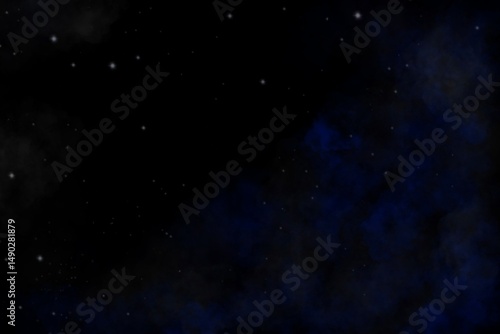 Illustration of star in dark sky and blue clouds.