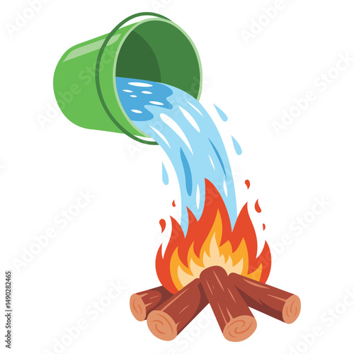 Wildfire extinguishing with water bucket isolated vector illustration on white background