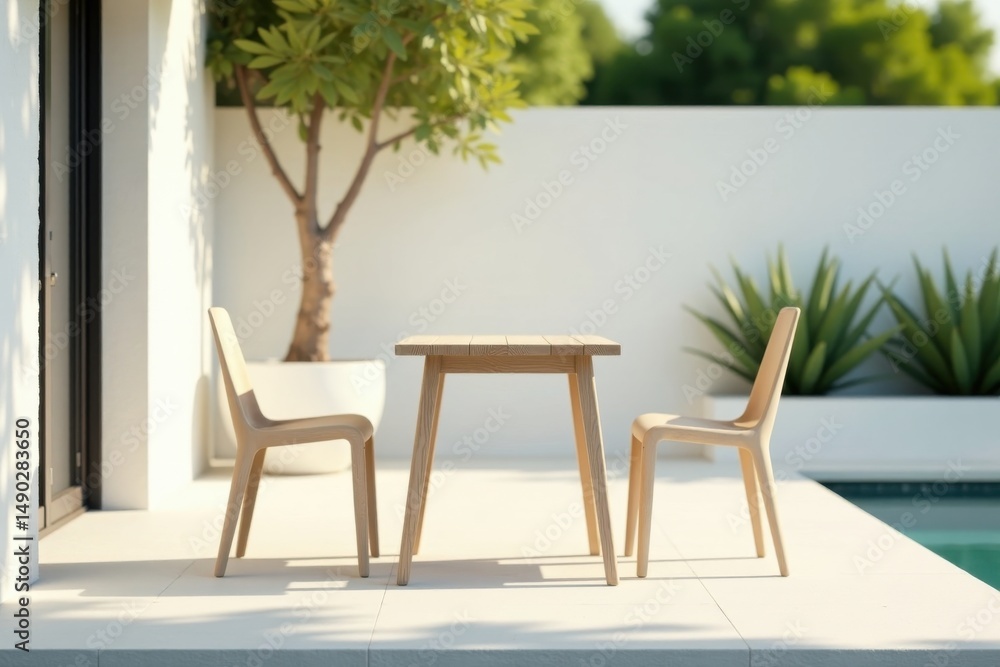 Fototapeta premium Minimalist Outdoor Patio Setting with Light Wooden Table and Chairs near Pool