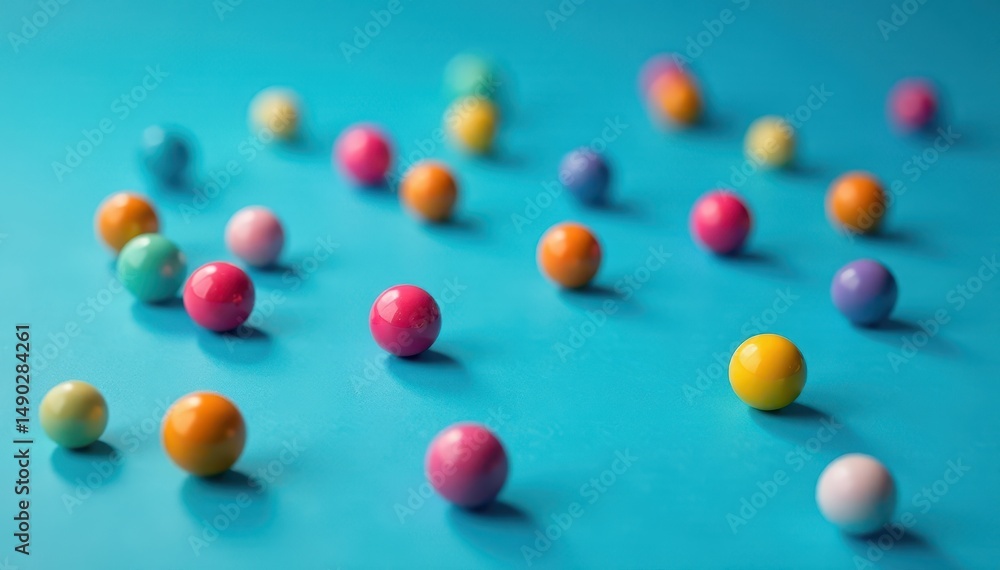 Small colorful balls scattered on a vibrant blue table, fun, ball bath Small colorful balls scattered on a vibrant blue table, fun, ball bath