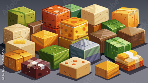 Colorful assortment of artisanal cheese cubes displayed on a simple gray background