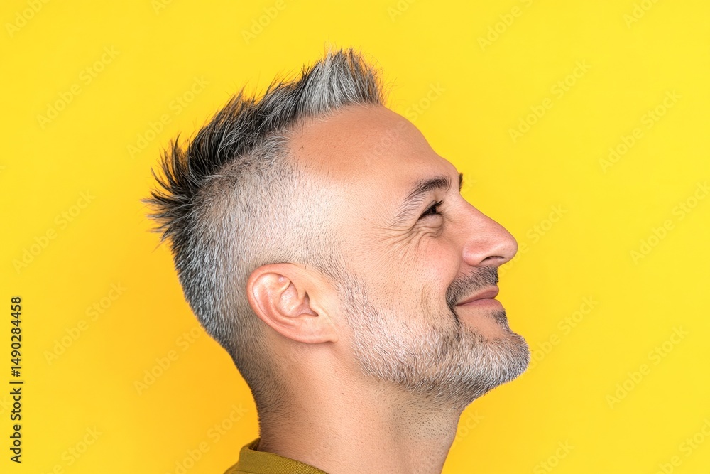 Obraz premium A graceful man with a warm and welcoming smile. Yellow solid background. Trendy men's crest haircut - midlife middle eastern man with short hair. Visual idea of style for aging men.
