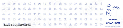 100 Vacation Icons Collection. Thin line icon. Editable stroke. parasol, beach, sunbathe, baggage, calendar, palm tree, hammock, island, swimming pool, towel, pants