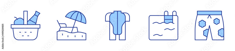picnic basket, beach, pants, wetsuit, swimming pool. Vacation Icon vector illustration. Line Duotone style. Editable stroke picnic basket, beach, pants, wetsuit, swimming pool. Vacation Icon vector illustration. Line Duotone style. Editable stroke